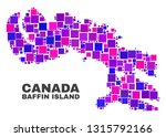 Mosaic Baffin Island map isolated on a white background. Vector geographic abstraction in pink and violet colors. Mosaic of Baffin Island map combined of random small squares.