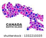 Mosaic Baffin Island map isolated on a white background. Vector geographic abstraction in pink and violet colors. Mosaic of Baffin Island map combined of random circle dots.