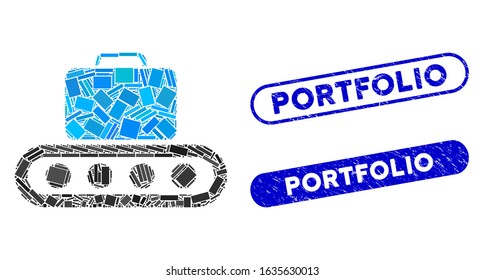 Mosaic baggage conveyor and corroded stamp seals with Portfolio caption. Mosaic vector baggage conveyor is designed with random rectangle items. Portfolio stamp seals use blue color,