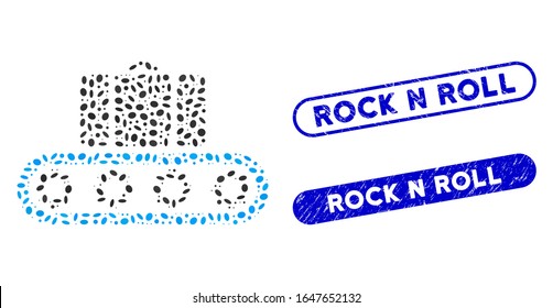 Mosaic baggage conveyor and corroded stamp seals with Rock N Roll text. Mosaic vector baggage conveyor is created with randomized ellipse spots. Rock N Roll stamp seals use blue color,
