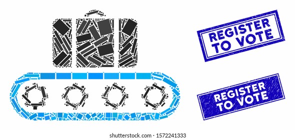 Mosaic baggage conveyor icon and rectangular Register to Vote rubber prints. Flat vector baggage conveyor mosaic icon of random rotated rectangular elements.