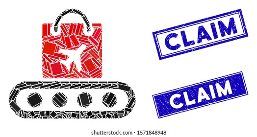 Mosaic baggage conveyor pictogram and rectangular Claim watermarks. Flat vector baggage conveyor mosaic pictogram of random rotated rectangular items. Blue Claim watermarks with distress texture.