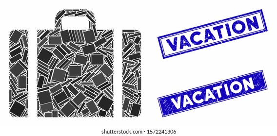 Mosaic baggage pictogram and rectangle Vacation seal stamps. Flat vector baggage mosaic pictogram of random rotated rectangle items. Blue Vacation seal stamps with distress texture.