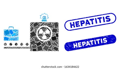 Mosaic baggage screening and distressed stamp seals with Hepatitis phrase. Mosaic vector baggage screening is formed with random rectangle items. Hepatitis stamp seals use blue color,