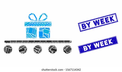 Mosaic baggage transportation icon and rectangle stamps. Flat vector baggage transportation mosaic icon of randomized rotated rectangle elements. Blue caption seal stamps with rubber texture.