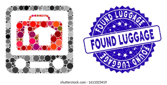 Mosaic baggage xray screening icon and distressed stamp watermark with Found Luggage caption. Mosaic vector is composed with baggage xray screening icon and with random circle elements.