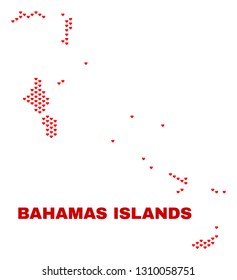Mosaic Bahamas Islands map of valentine hearts in red color isolated on a white background. Regular red heart pattern in shape of Bahamas Islands map. Abstract design for Valentine decoration.