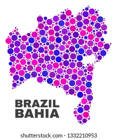 Mosaic Bahia State map isolated on a white background. Vector geographic abstraction in pink and violet colors. Mosaic of Bahia State map combined of scattered circle items.