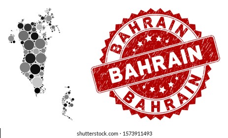 Mosaic Bahrain map and circle seal stamp. Flat vector Bahrain map mosaic of scattered circle items. Red seal stamp with corroded design. Designed for political and patriotic posters.