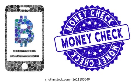Mosaic baht mobile payment icon and rubber stamp watermark with Money Check phrase. Mosaic vector is composed with baht mobile payment icon and with random spheric items.