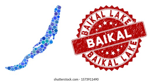 Mosaic Baikal Lake map and circle seal. Flat vector Baikal Lake map mosaic of scattered circle elements. Red seal with scratched texture. Designed for political and patriotic agitprop.