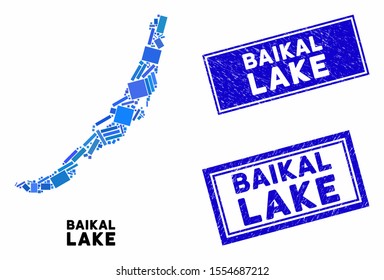 Mosaic Baikal Lake map and rectangle seal stamps. Flat vector Baikal Lake map mosaic of random rotated rectangle items. Blue caption seal stamps with corroded textures.