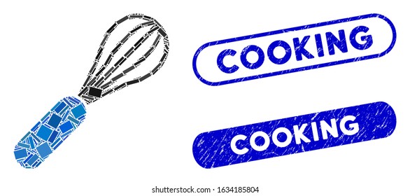 Mosaic baking beater and distressed stamp seals with Cooking caption. Mosaic vector baking beater is formed with randomized rectangle items. Cooking stamps use blue color,