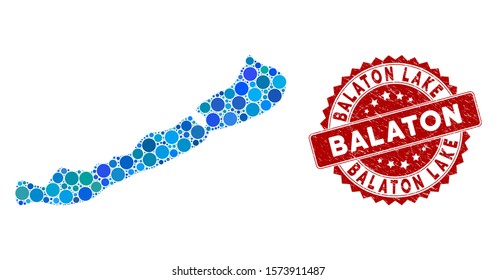 Mosaic Balaton Lake map and circle stamp. Flat vector Balaton Lake map mosaic of scattered circle elements. Red rubber stamp with scratched style. Designed for political and patriotic propaganda.