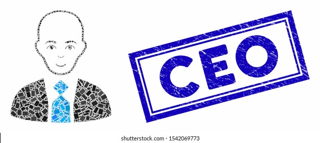 Mosaic bald boss and corroded stamp seal with Ceo phrase. Mosaic vector bald boss is composed with random rectangle items. Ceo stamp seal uses blue color.