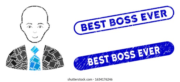 Mosaic bald boss and distressed stamp seals with Best Boss Ever phrase. Mosaic vector bald boss is designed with scattered rectangle items. Best Boss Ever stamp seals use blue color,