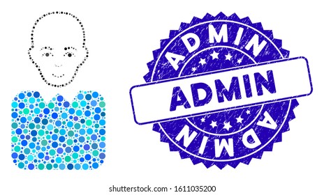Mosaic bald bureaucrat icon and distressed stamp watermark with Admin caption. Mosaic vector is composed with bald bureaucrat icon and with randomized spheric spots. Admin stamp seal uses blue color,