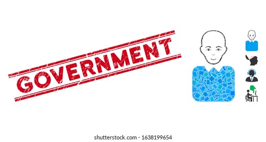 Mosaic bald bureaucrat pictogram and red Government seal stamp between double parallel lines. Flat vector bald bureaucrat mosaic pictogram of scattered rotated rectangle items.