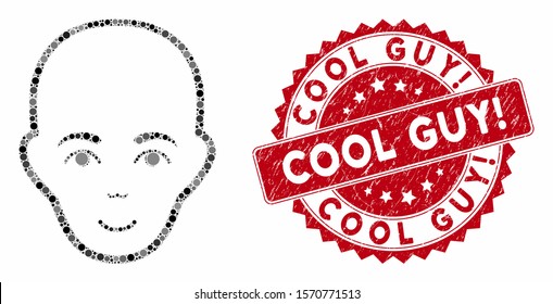 Mosaic bald head and rubber stamp seal with Cool Guy! phrase. Mosaic vector is composed from bald head icon and with random round items. Cool Guy! stamp seal uses red color, and rubber texture.