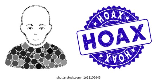Mosaic bald man icon and distressed stamp watermark with Hoax caption. Mosaic vector is formed with bald man icon and with scattered spheric items. Hoax stamp uses blue color, and rubber design.