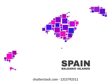 Mosaic Balearic Islands map isolated on a white background. Vector geographic abstraction in pink and violet colors. Mosaic of Balearic Islands map combined of scattered small squares.