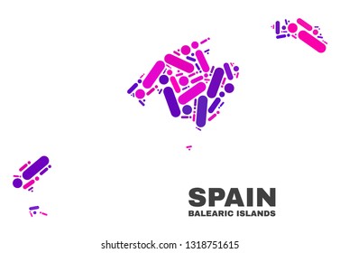 Mosaic Balearic Islands map isolated on a white background. Vector geographic abstraction in pink and violet colors. Mosaic of Balearic Islands map combined of random round dots and lines.