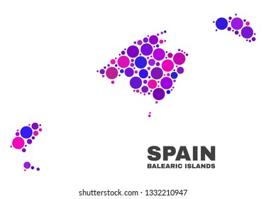 Mosaic Balearic Islands map isolated on a white background. Vector geographic abstraction in pink and violet colors. Mosaic of Balearic Islands map combined of scattered circle elements.