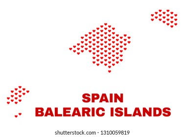 Mosaic Balearic Islands map of love hearts in red color isolated on a white background. Regular red heart pattern in shape of Balearic Islands map. Abstract design for Valentine decoration.