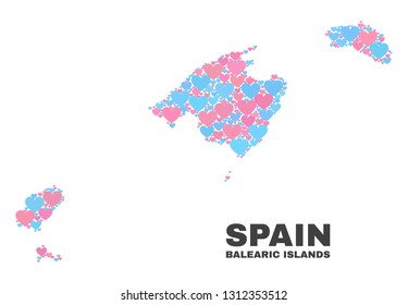 Mosaic Balearic Islands map of lovely hearts in pink and blue colors isolated on a white background. Lovely heart collage in shape of Balearic Islands map. Abstract design for Valentine decoration.