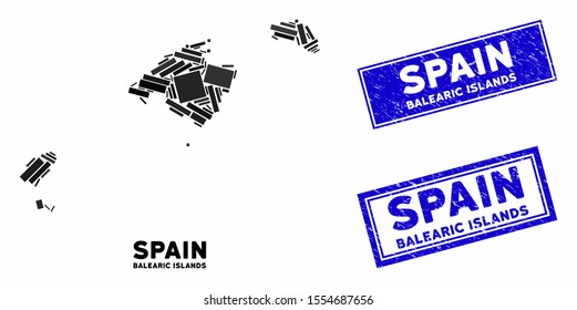 Mosaic Balearic Islands map and rectangular seals. Flat vector Balearic Islands map mosaic of random rotated rectangular elements. Blue caption rubber stamps with corroded surface.