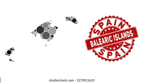 Mosaic Balearic Islands map and round seal. Flat vector Balearic Islands map mosaic of randomized round elements. Red seal with rubber texture. Designed for political and patriotic doctrines.