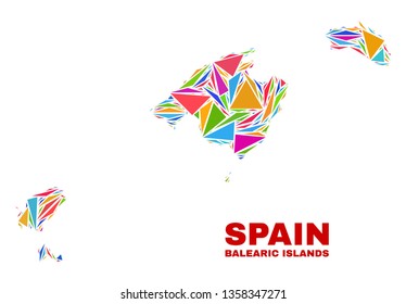 Mosaic Balearic Islands map of triangles in bright colors isolated on a white background. Triangular collage in shape of Balearic Islands map. Abstract design for patriotic purposes.