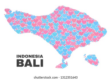 Mosaic Bali map of lovely hearts in pink and blue colors isolated on a white background. Lovely heart collage in shape of Bali map. Abstract design for Valentine illustrations.