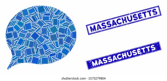 Mosaic balloon icon and rectangular Massachusetts stamps. Flat vector balloon mosaic icon of scattered rotated rectangular elements. Blue Massachusetts seal stamps with distress surface.