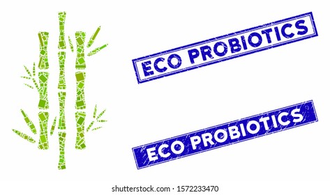 Mosaic bamboo icon and rectangle Eco Probiotics stamps. Flat vector bamboo mosaic icon of random rotated rectangle items. Blue Eco Probiotics stamp imprints with distress texture.