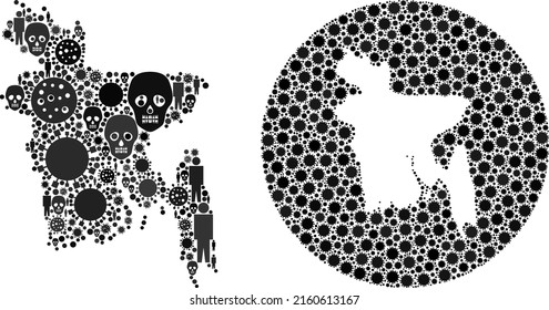 Mosaic Bangladesh map organized from flu virus elements and humans and mortal elements. Sick virus Bangladesh map mosaic created with sphere and hole. Mosaics are designed for hospital agitprop.