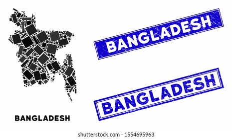 Mosaic Bangladesh map and rectangle watermarks. Flat vector Bangladesh map mosaic of scattered rotated rectangle elements. Blue caption rubber stamps with scratched surface.