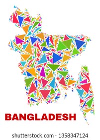 Mosaic Bangladesh map of triangles in bright colors isolated on a white background. Triangular collage in shape of Bangladesh map. Abstract design for patriotic purposes.