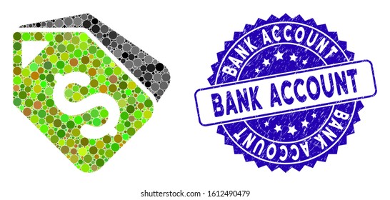 Mosaic bank account tags icon and corroded stamp seal with Bank Account phrase. Mosaic vector is created from bank account tags icon and with randomized spheric elements.