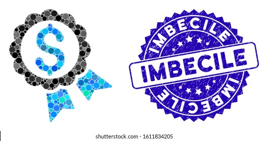 Mosaic bank award icon and rubber stamp watermark with Imbecile caption. Mosaic vector is created with bank award icon and with scattered round items. Imbecile stamp uses blue color,