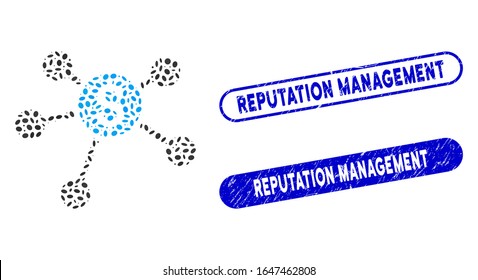 Mosaic bank branches and grunge stamp watermarks with Reputation Management phrase. Mosaic vector bank branches is composed with random elliptic spots.