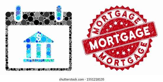Mosaic bank building calendar day and rubber stamp seal with Mortgage caption. Mosaic vector is created from bank building calendar day icon and with scattered spheric spots.