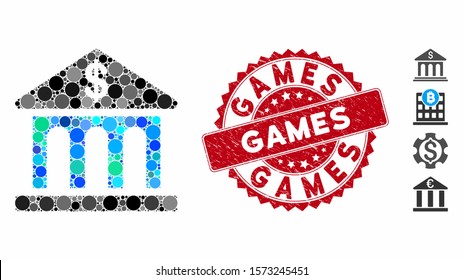 Mosaic bank building icon and grunge stamp seal with Games caption. Mosaic vector is created with bank building icon and with randomized round items. Games stamp seal uses red color,