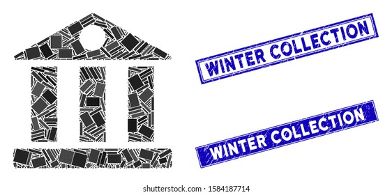 Mosaic bank building icon and rectangle Winter Collection stamps. Flat vector bank building mosaic icon of scattered rotated rectangle elements.