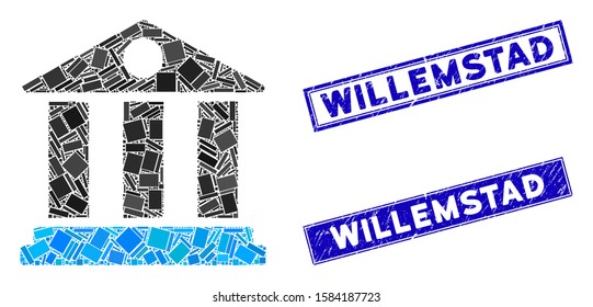 Mosaic bank building icon and rectangle Willemstad seal stamps. Flat vector bank building mosaic icon of randomized rotated rectangle items. Blue Willemstad rubber stamps with scratched texture.
