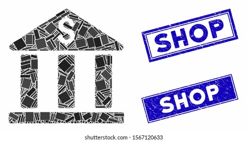 Mosaic bank building icon and rectangular seal stamps. Flat vector bank building mosaic icon of scattered rotated rectangle items. Blue caption seal stamps with distress surface.
