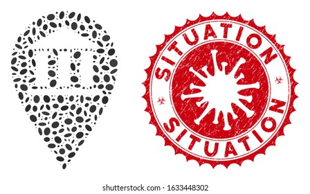 Mosaic bank building pin icon and red round rubber stamp seal with Situation text and coronavirus symbol. Mosaic vector is created from bank building pin icon and with scattered oval items.