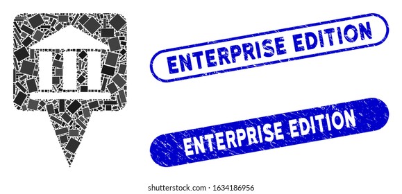 Mosaic bank building pointer and rubber stamp seals with Enterprise Edition phrase. Mosaic vector bank building pointer is formed with randomized rectangle items.