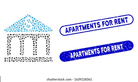 Mosaic bank building and rubber stamp watermarks with Apartments for Rent text. Mosaic vector bank building is formed with randomized ellipse parts. Apartments for Rent stamp seals use blue color,