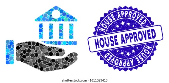 Mosaic bank building service hand icon and corroded stamp seal with House Approved text. Mosaic vector is formed with bank building service hand icon and with randomized spheric elements.